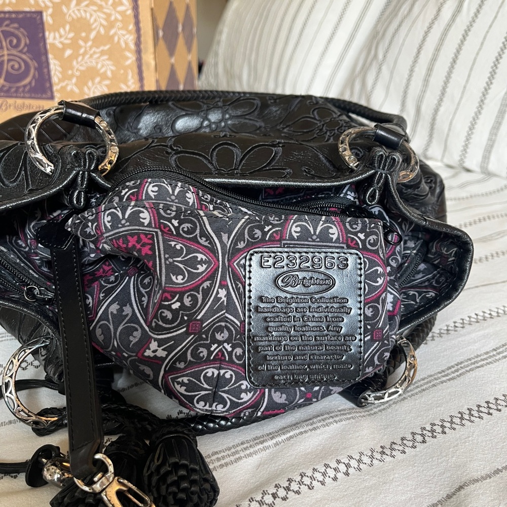 Brighton Black Embossed Floral Leather Shoulder Bag with Tassel - Picture 6 of 10